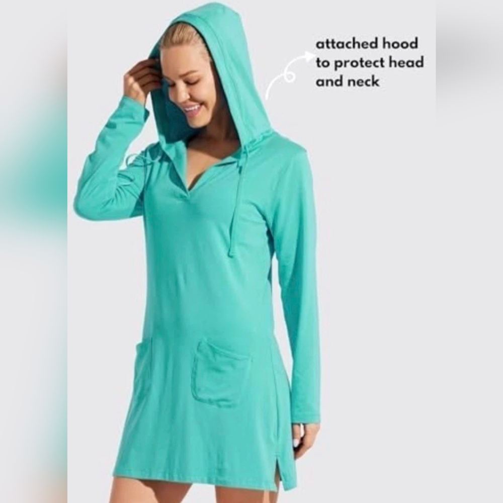 Coolibar Turquoise Hooded Swim Coverup Dress